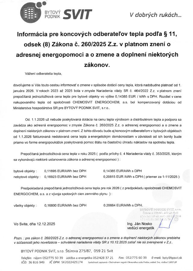 Informácia cena tepla 251212