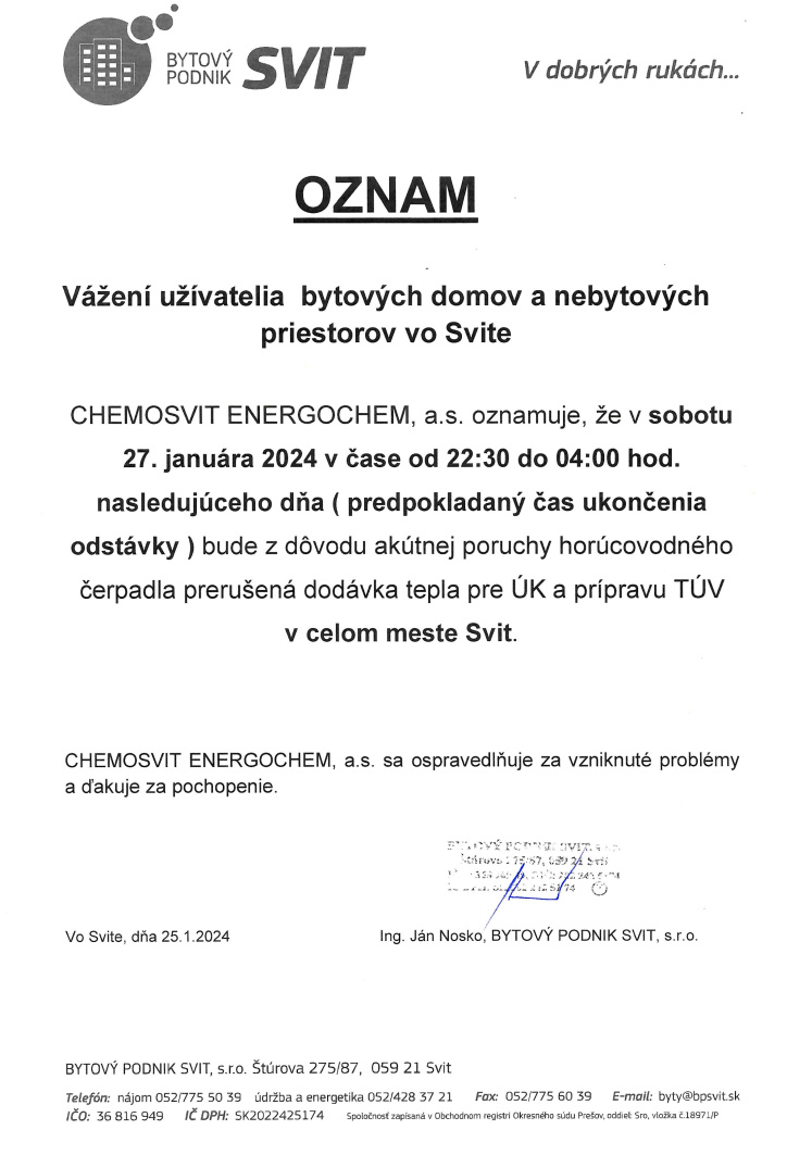 OZNAM prerušenie dodávky tepla 240127