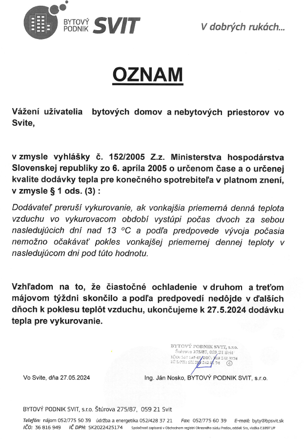 OZNAM ukončenie dodávky tepla 240527