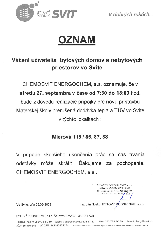 OZNAM prerušenie dodávky tepla 230927